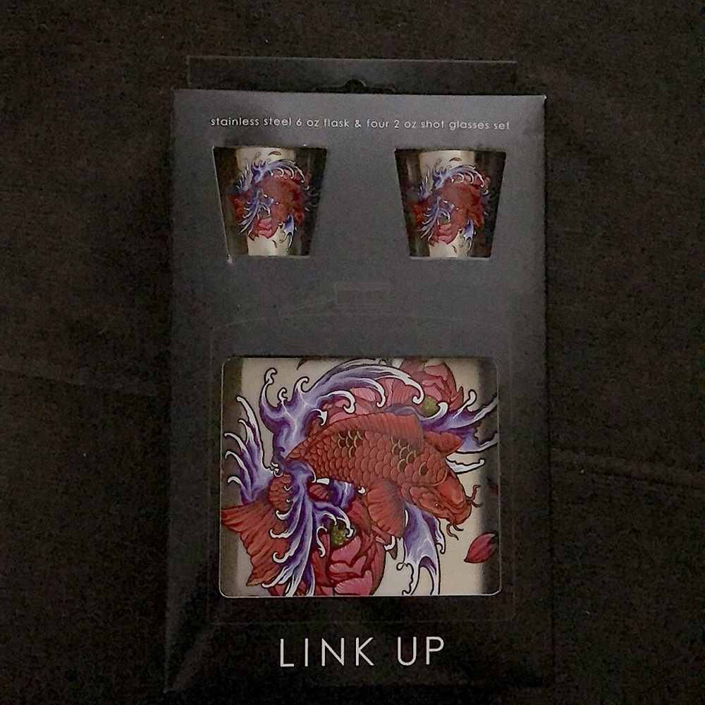 New in box stainless steel flask & 4 shot glasses.